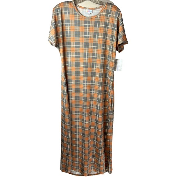 NWT Lula Roe Dress Large Orange Gray White Plaid Maxi Sheath Short Sleeve Round - Picture 1 of 11